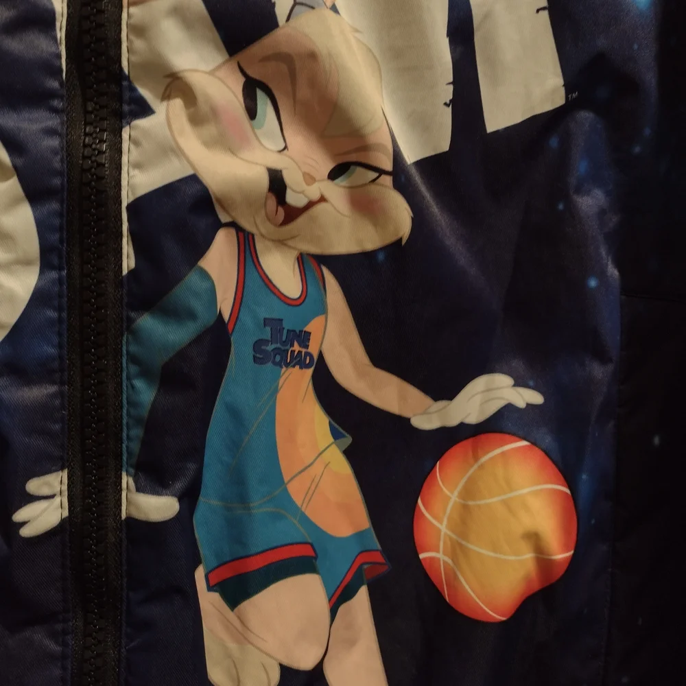 Members Only Looney Tunes Space Jam Blue Bomber Size L Faux Fur Hooded Coat